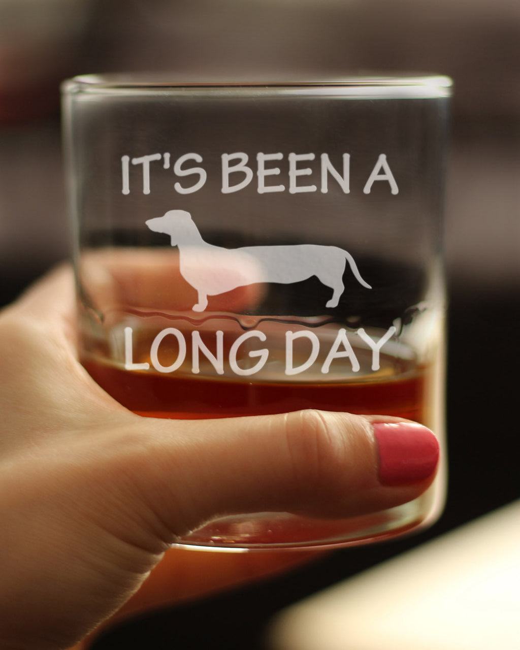 Long Day - Funny Dachshund Whiskey Rocks Glass Gifts for Men & Women - Fun Whisky Drinking Tumbler Décor